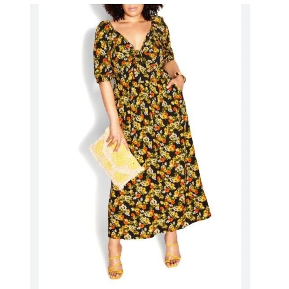 Floral Tie-Front Midi Dress in Black and Yellow
